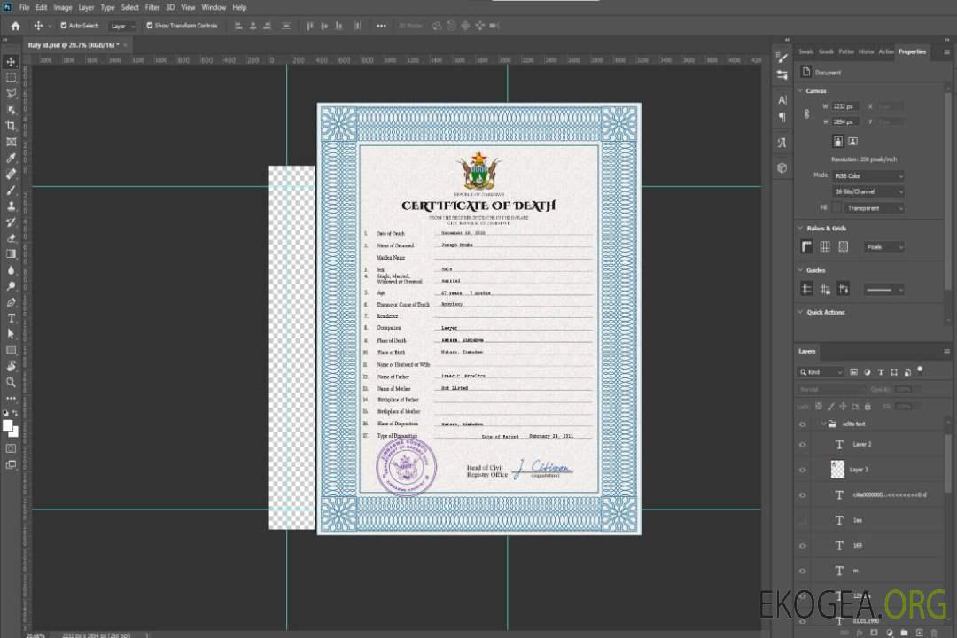 Modèle PSD de certificat de décès du Zimbabwe template